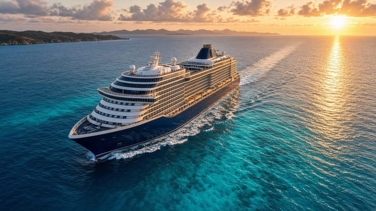 Illustrative image: a large modern cruise ship sailing turquoise Caribbean water at sunset (not the actual ships in this guide).
