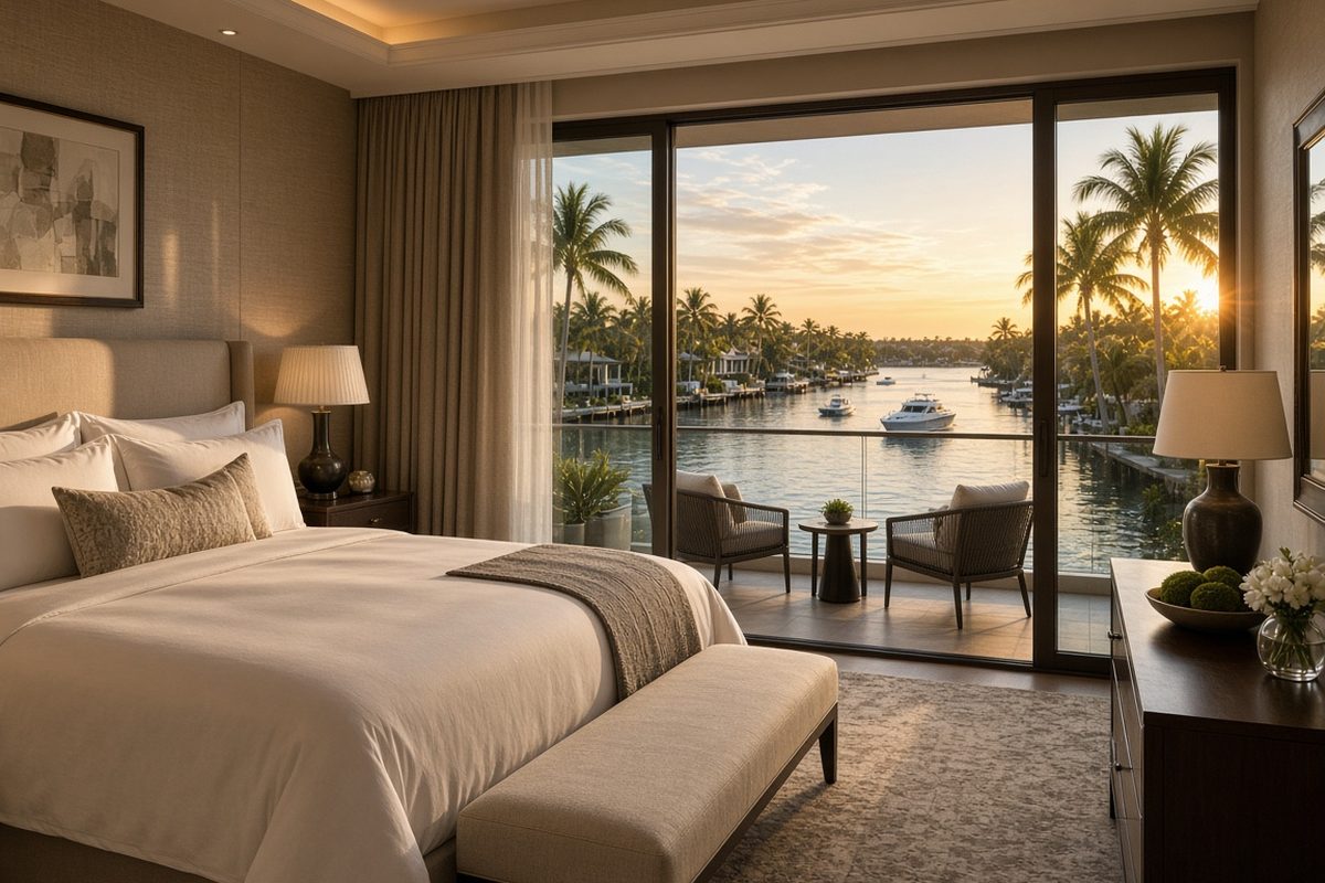 Illustrative image: a luxury hotel room with a balcony overlooking a palm-lined canal and boats at golden hour.