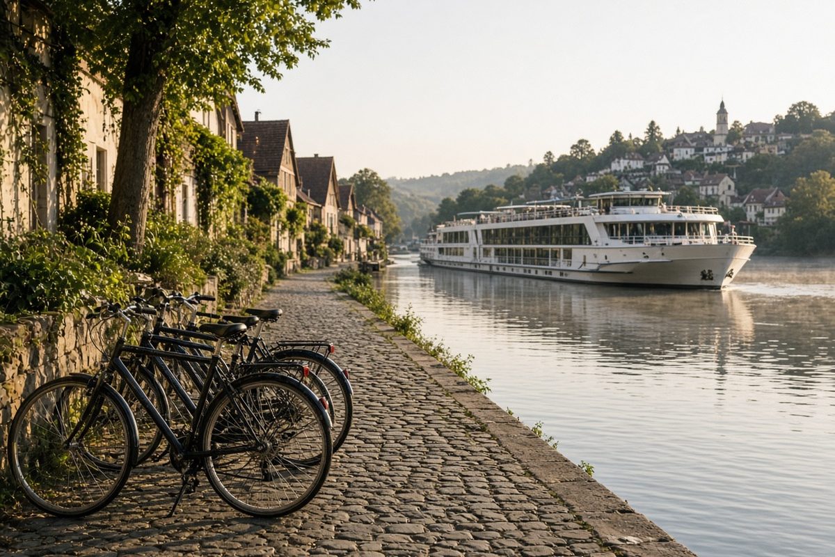 Illustrative image: bicycles parked on a cobblestone riverside path beside a moored river ship.