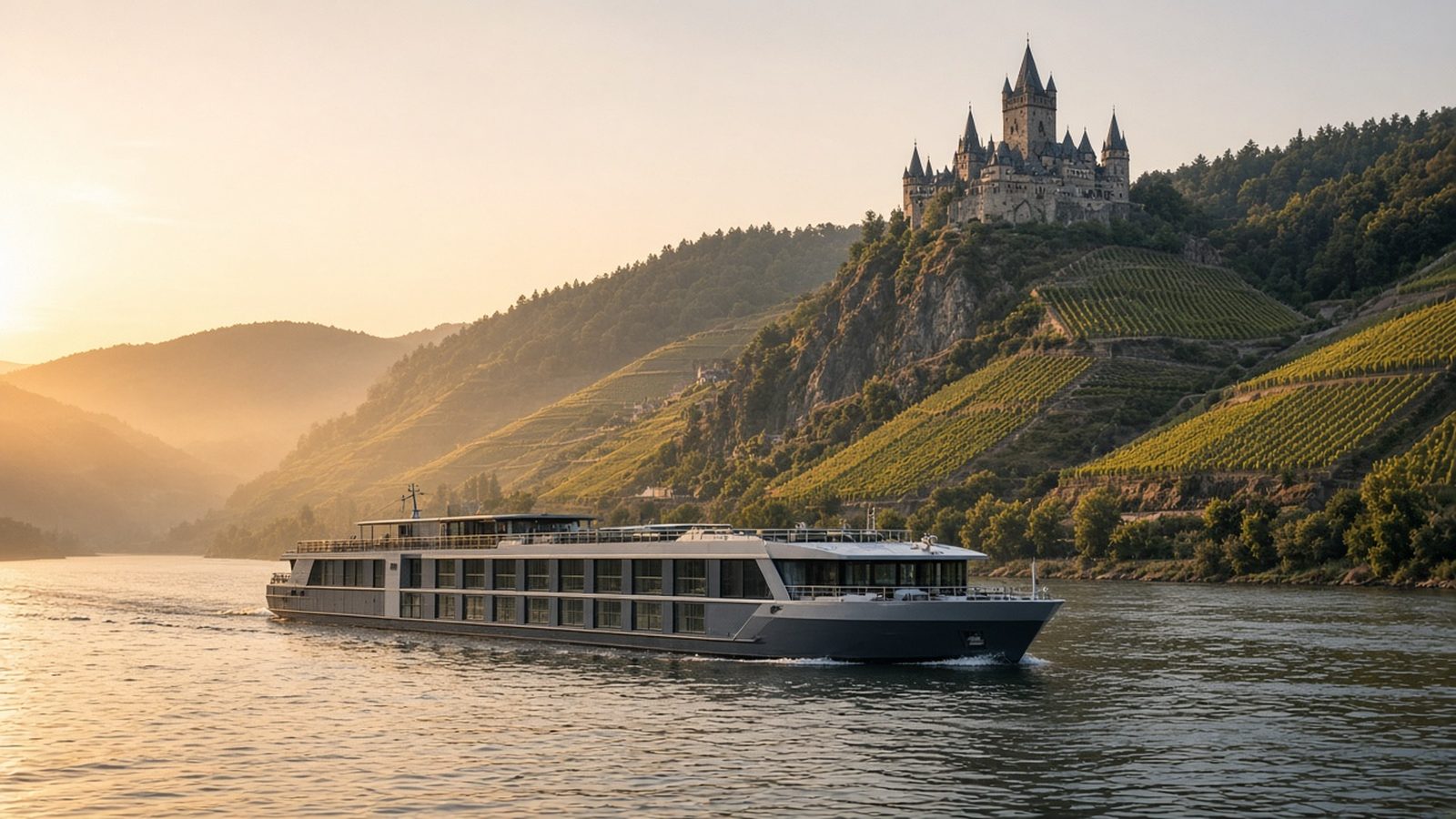 Illustrative image: a river cruise ship sailing past vineyards and a hilltop castle at golden hour (not an actual ship from this guide).