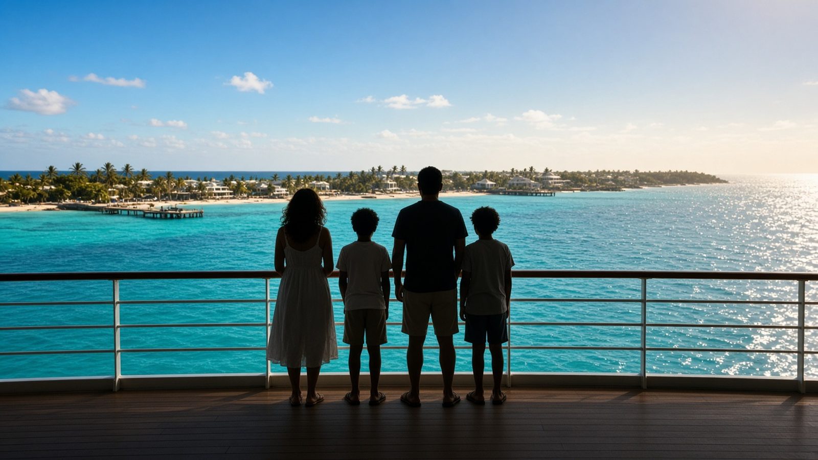 Illustrative image: a family of four, seen from behind in silhouette, at a cruise ship railing looking at a turquoise sea and a tropical island.