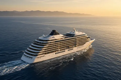 A white cruise ship sailing across calm blue sea