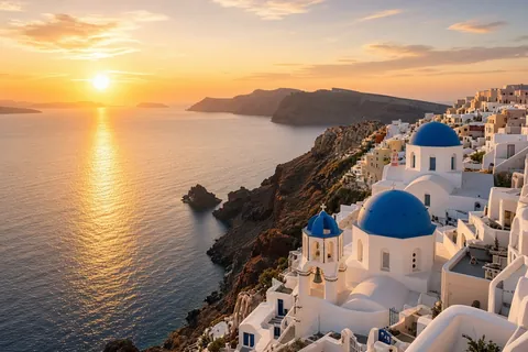White houses and blue domes of Santorini above the sea