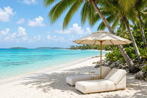 A palm-lined beach with turquoise water at a cruise port