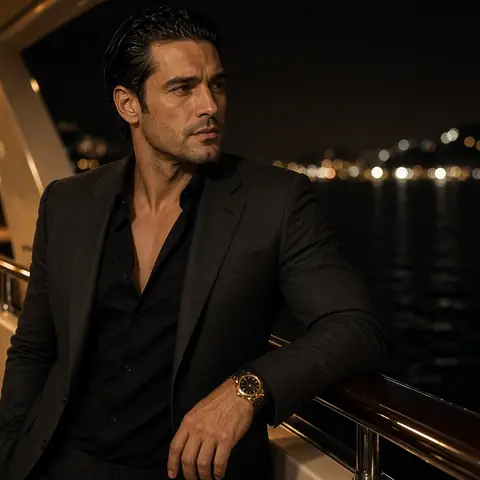 The Captain on a yacht deck at night