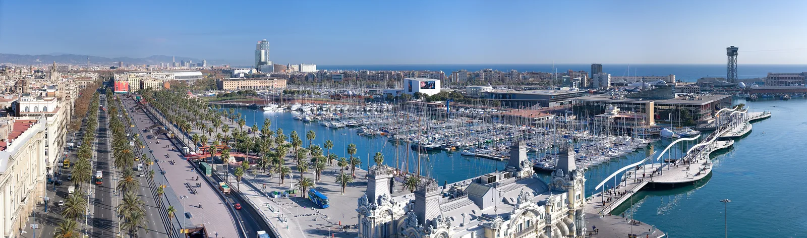 Panoramic view over Port Vell harbor and the Barcelona waterfront