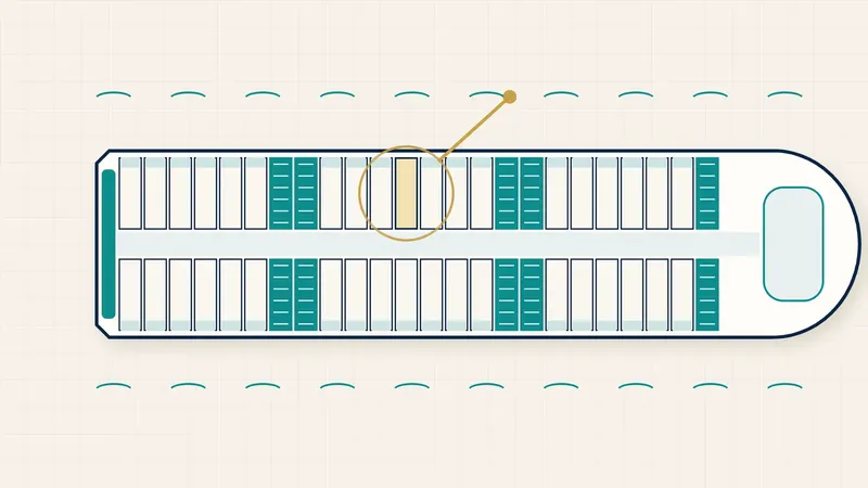 Simple cruise deck plan illustration with one stateroom circled in gold