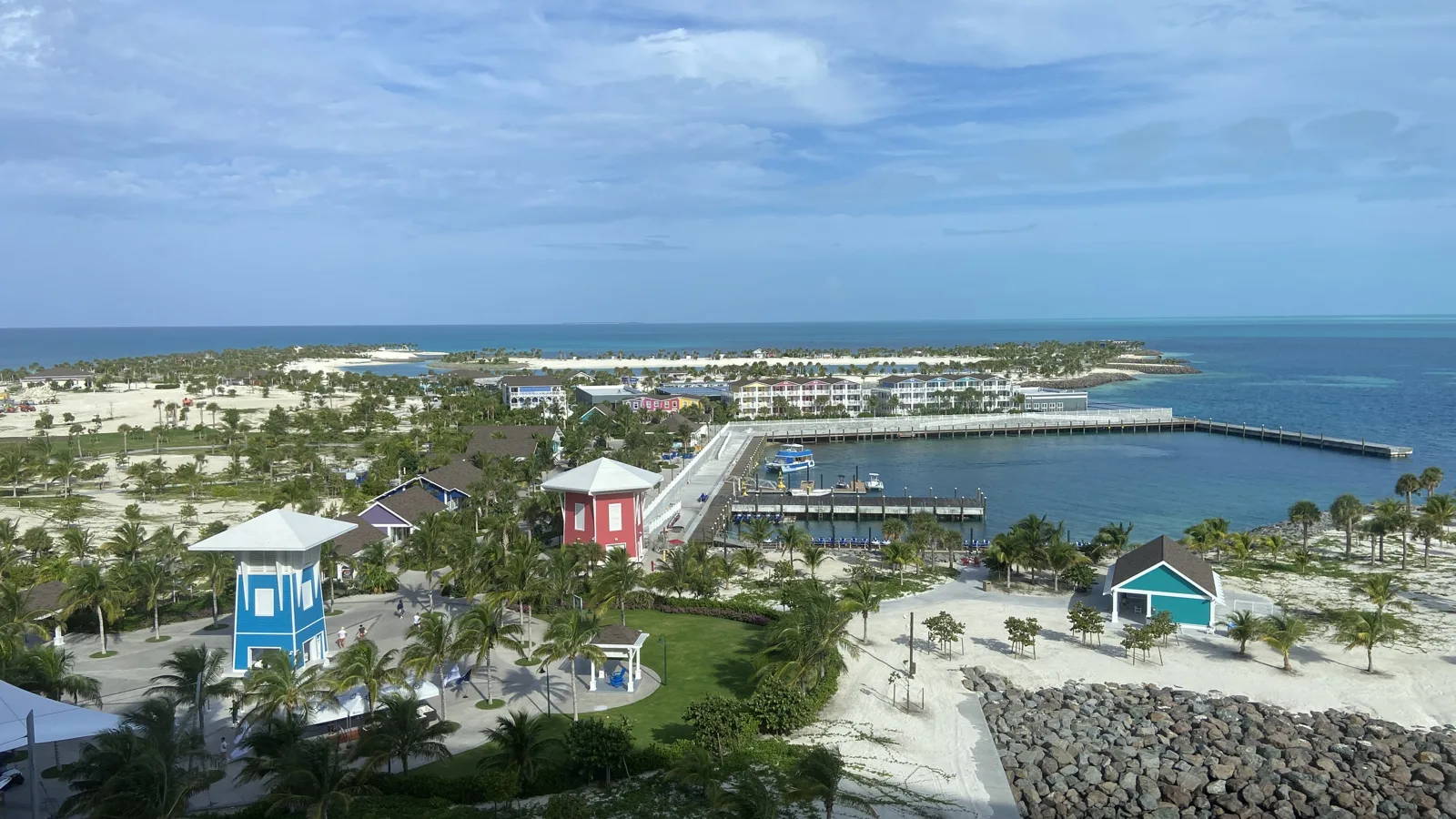 A private island village and marina with a lighthouse, Bahamas