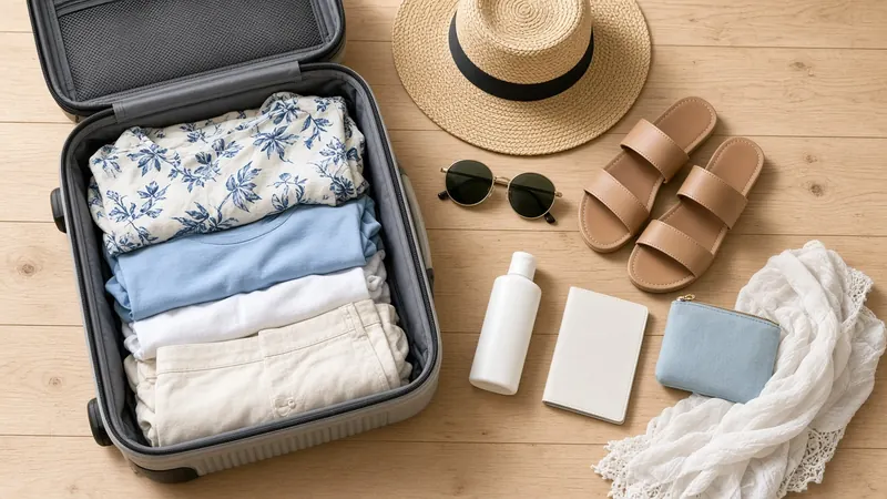 Illustrative image: open suitcase of folded summer clothes beside a sun hat, sunglasses, sandals and sunscreen