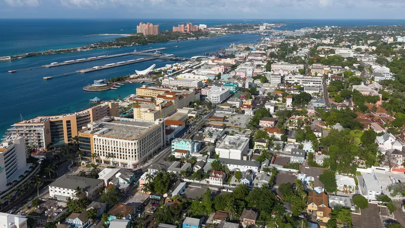 Aerial view of Nassau and its harbor