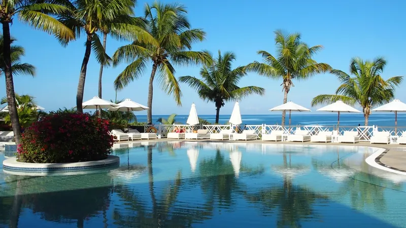 Infinity pool fringed with palm trees overlooking the ocean