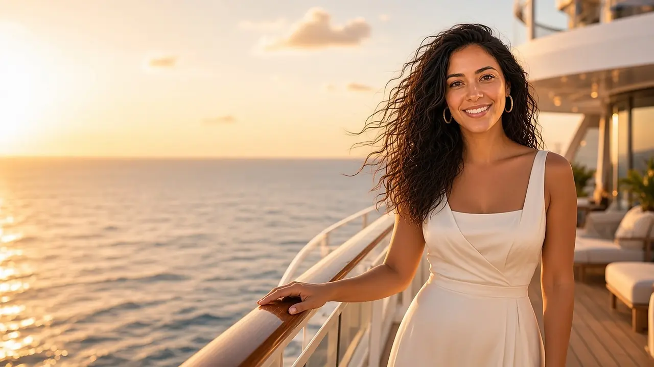 Illustration of Skye, Book with the Captain's AI-generated host, in an ivory silk dress on a cruise ship deck at golden hour
