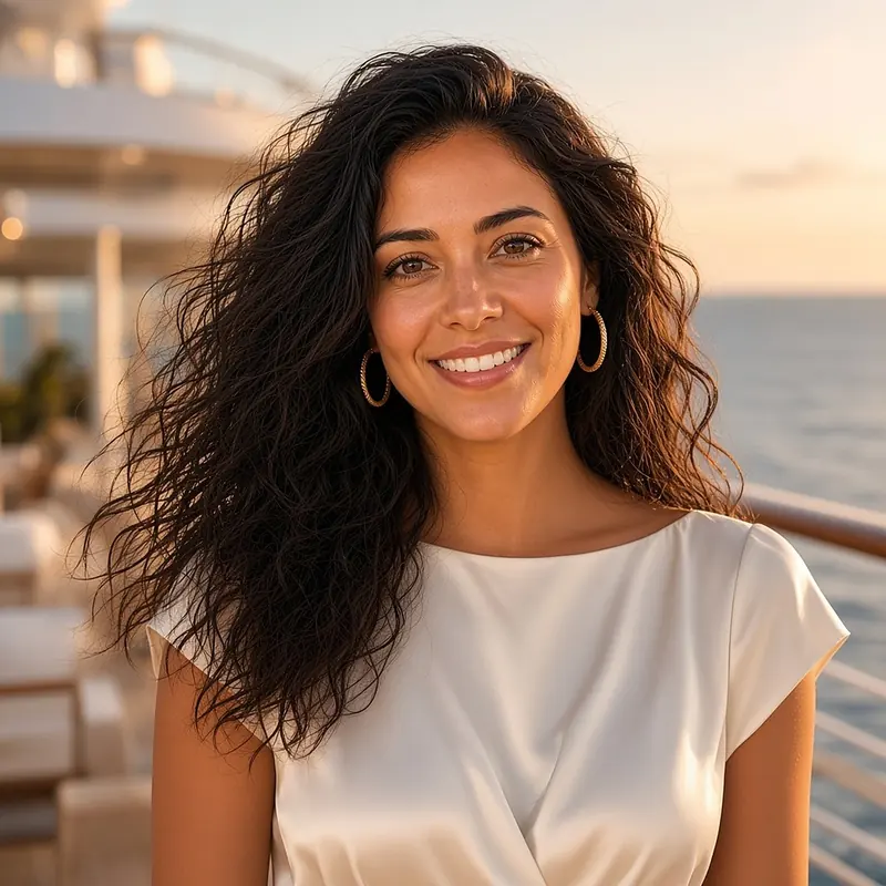 Illustration of Skye, Book with the Captain's AI-generated host, smiling on a ship deck at sunset